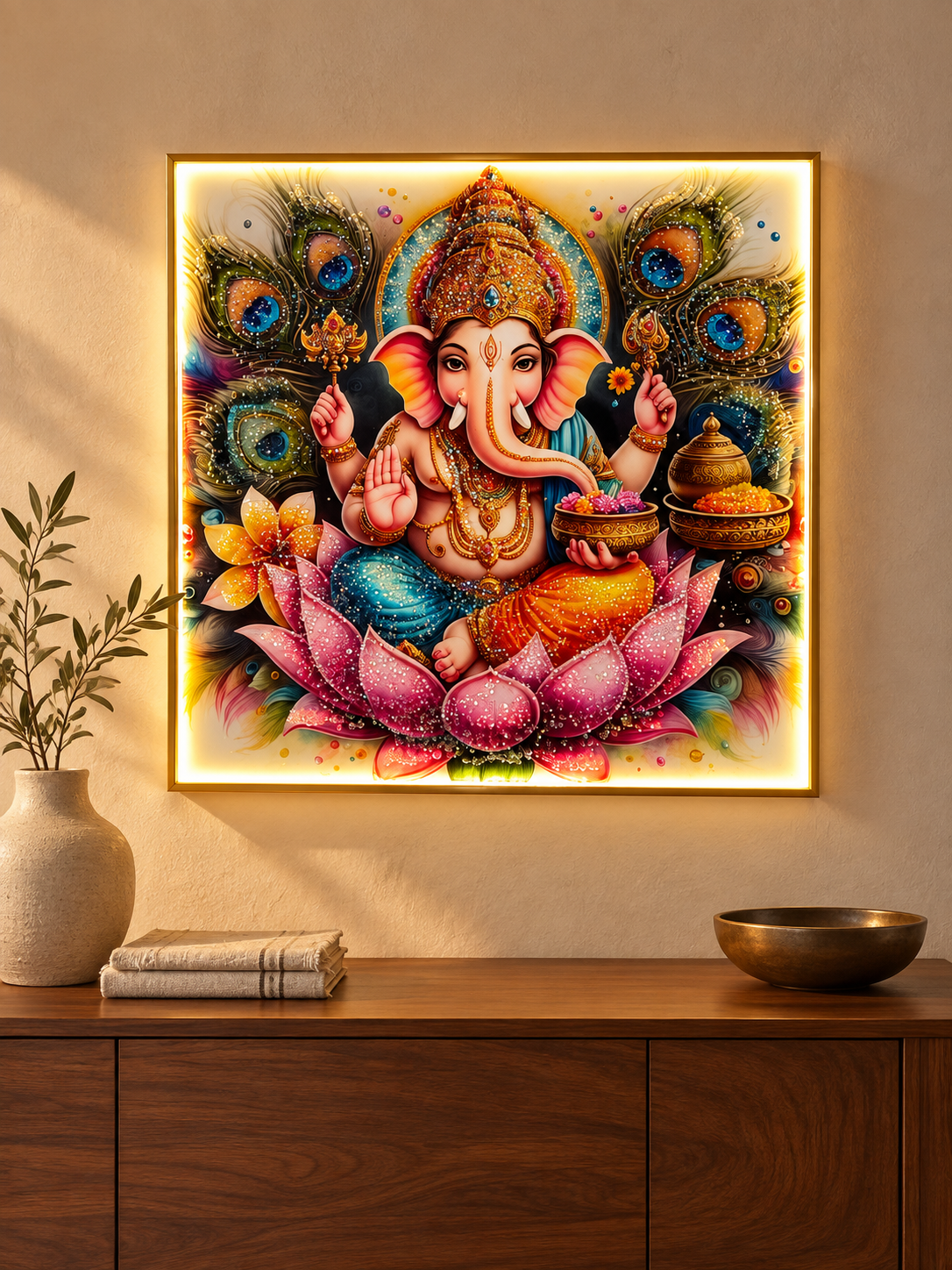 Ganesh crystal porcelain LED wall art — lifestyle
