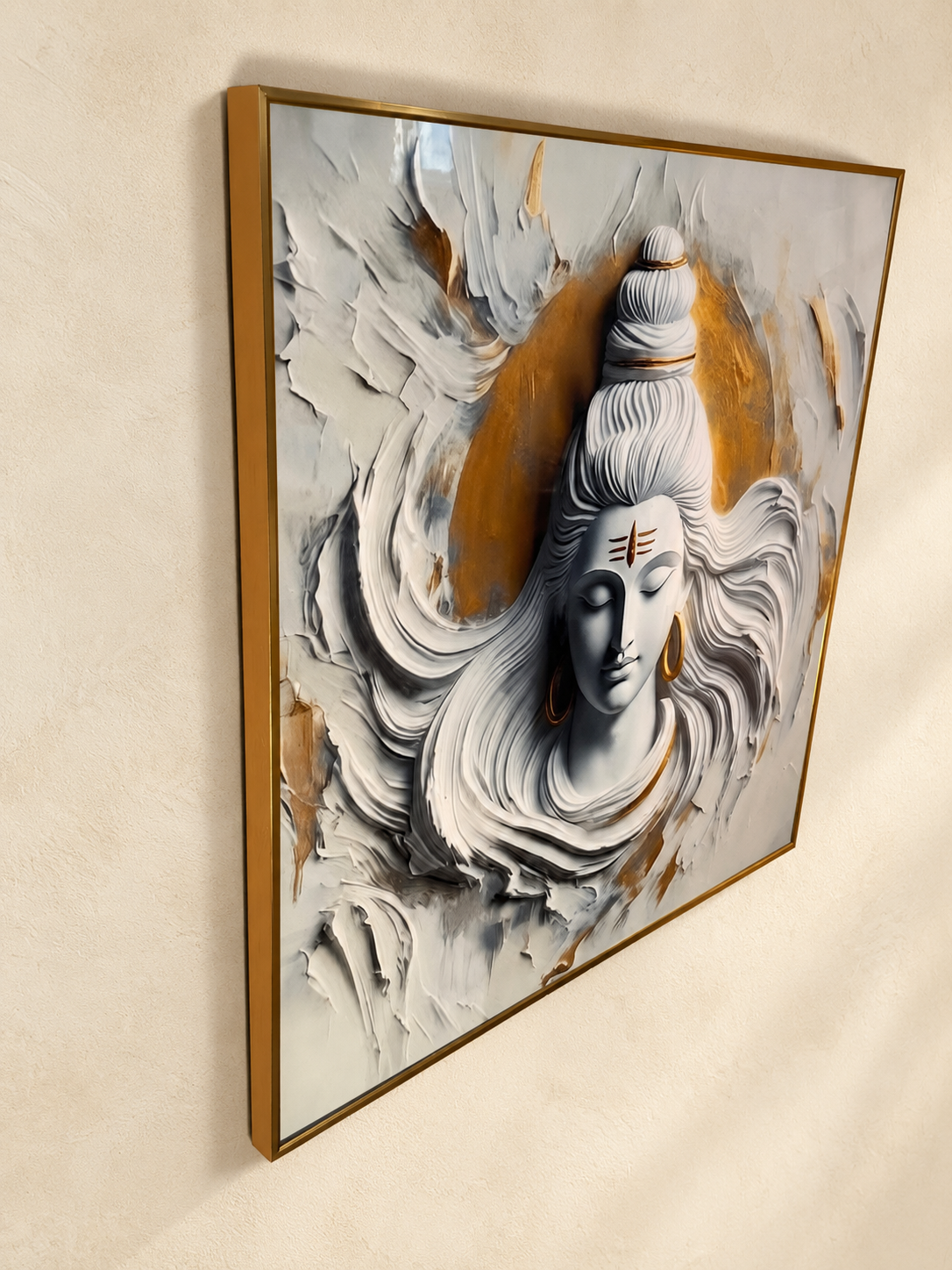 Angled view of Lord Shiva porcelain wall art and gold aluminum frame