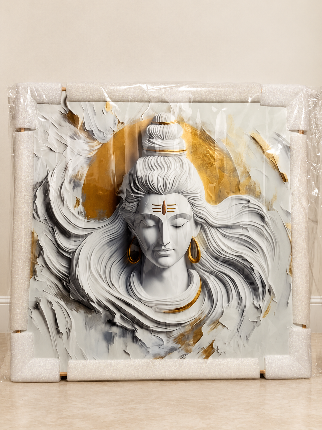 Lord Shiva porcelain wall art in protective foam and plastic packaging