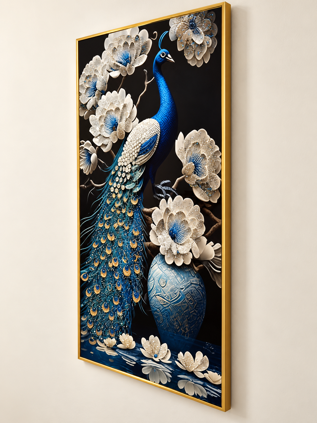 Peacock crystal porcelain wall art — angle