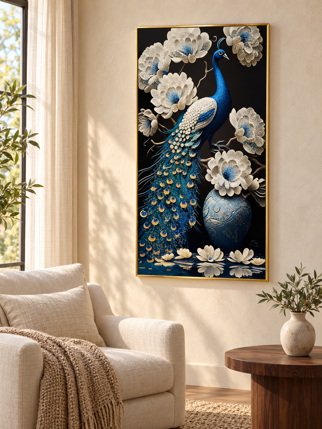 Peacock crystal porcelain wall art — lifestyle
