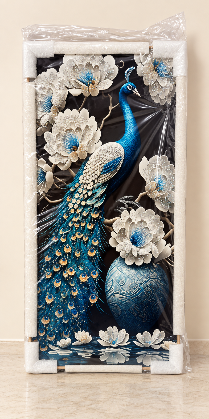 Peacock crystal porcelain wall art — packaging