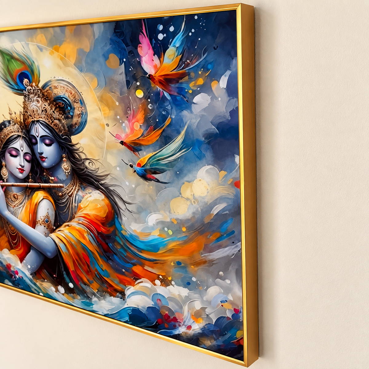 Angled detail of Radha Krishna porcelain artwork and gold frame