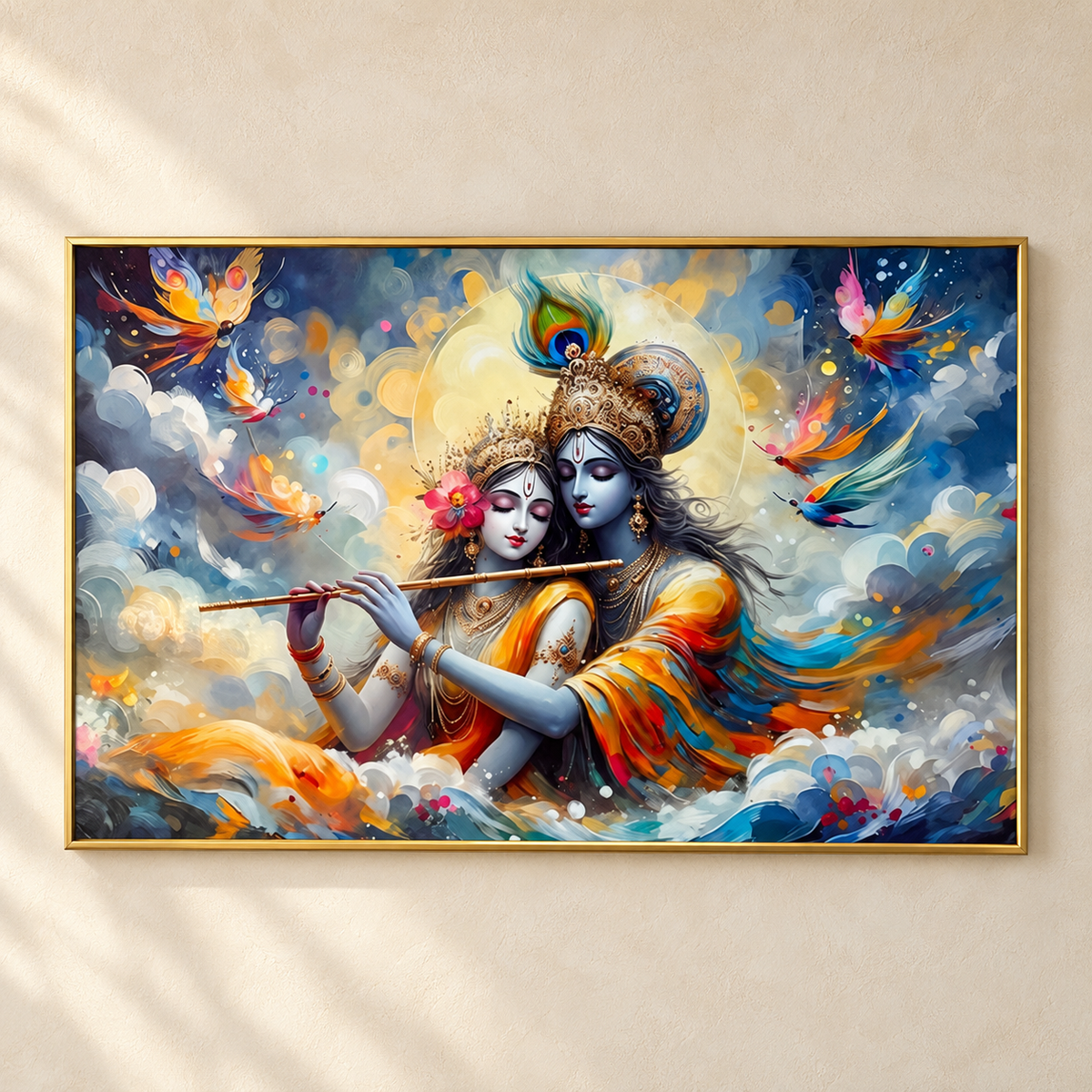 Radha Krishna porcelain wall art with gold frame on an ivory wall