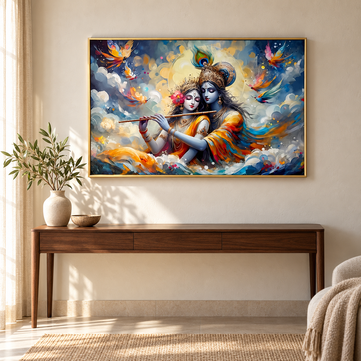 Radha Krishna wall art in a styled room above a walnut console