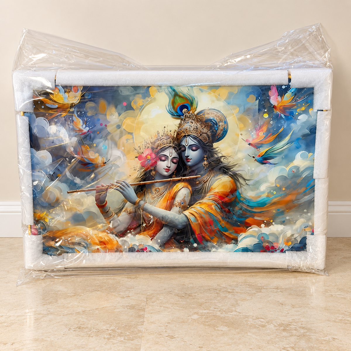 Radha Krishna wall art in protective foam and plastic packaging