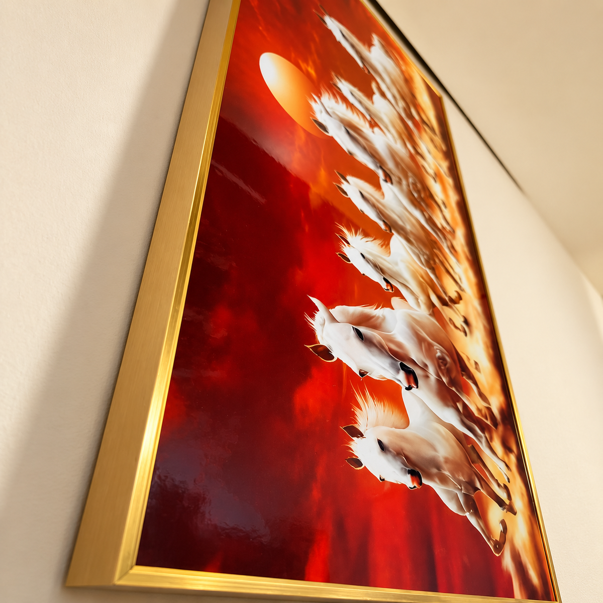 Angled view of Seven Horses porcelain wall art and gold frame