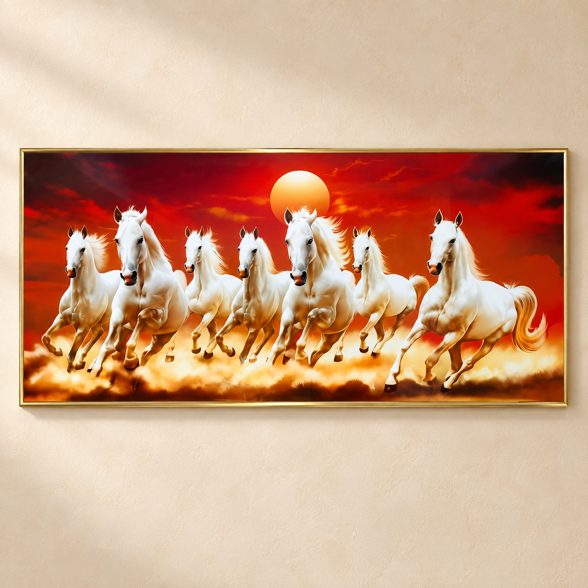 Seven Horses porcelain wall art with gold frame on an ivory wall
