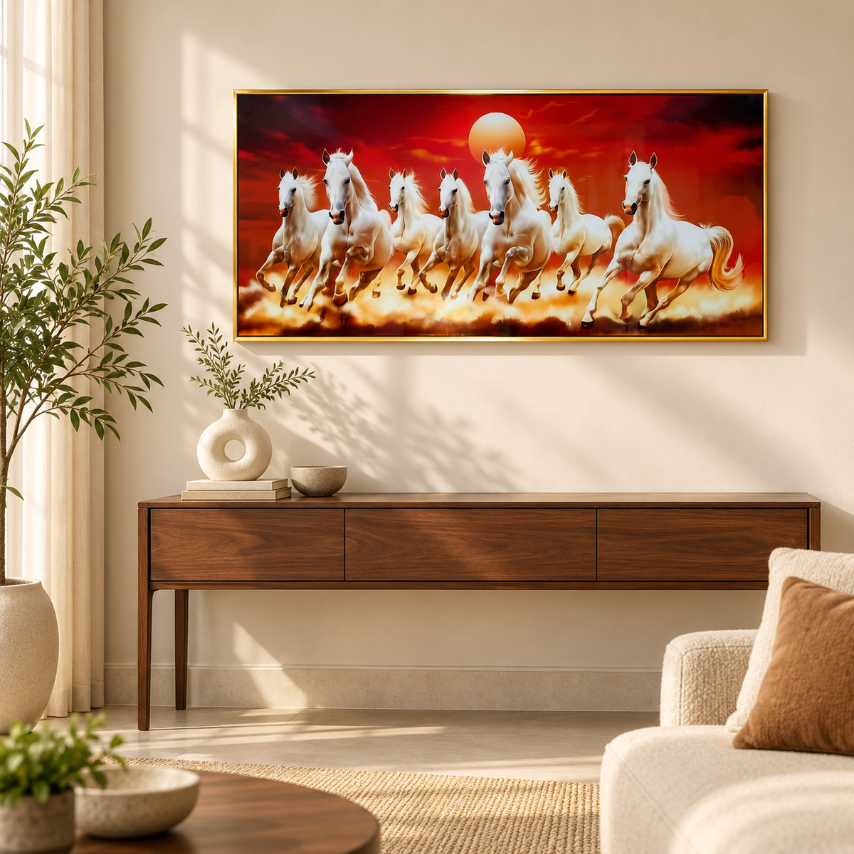Seven Horses porcelain wall art in a styled room setting