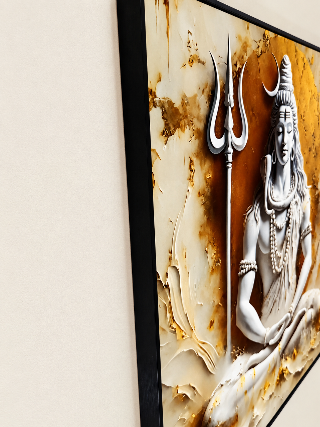 Lord Shiva meditation porcelain wall art with black frame — angle
