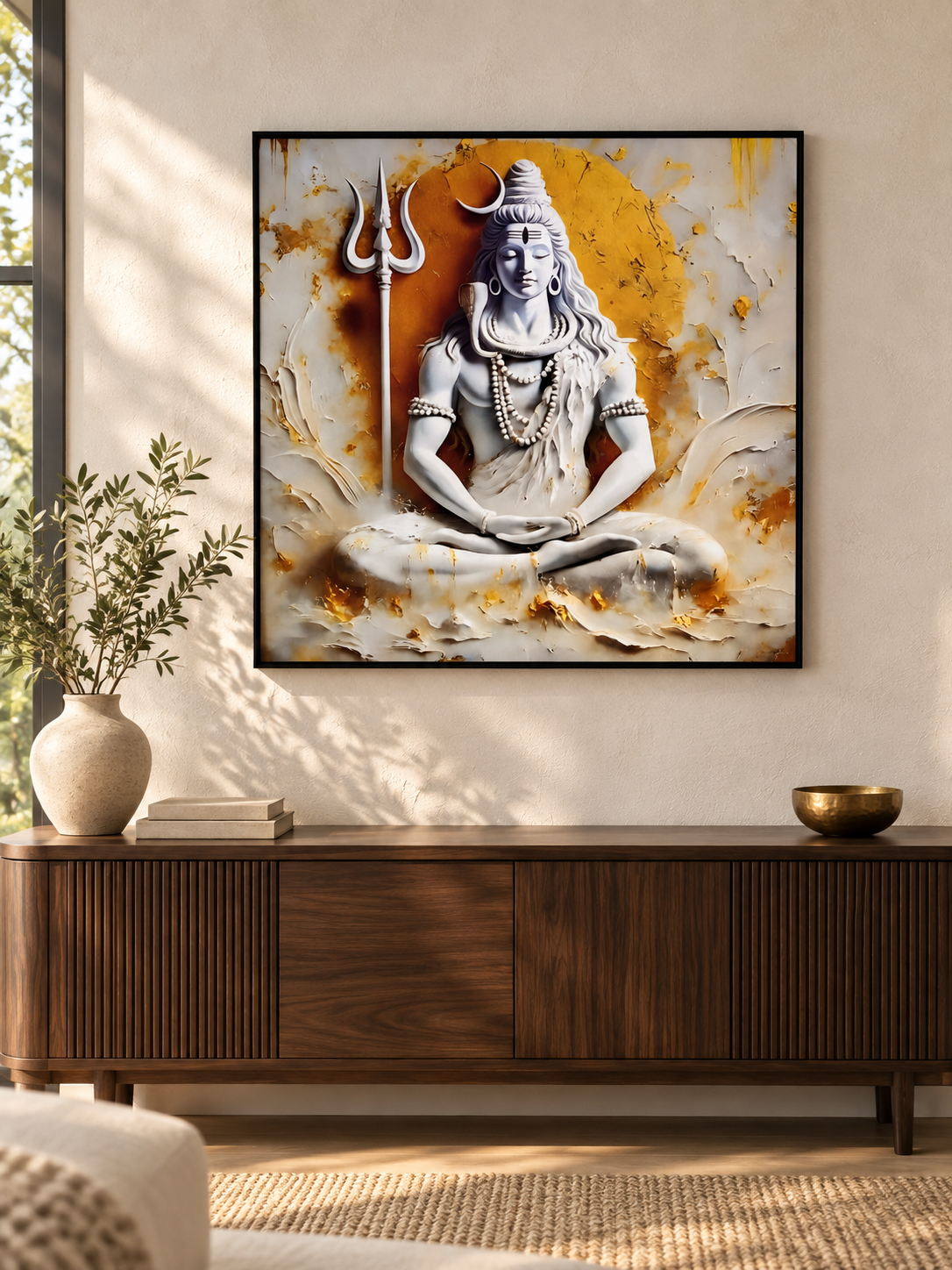 Lord Shiva meditation porcelain wall art with black frame — lifestyle
