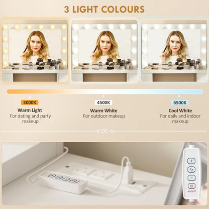 Vanity Desk with Mirror and 12 LED Lights, Makeup Table w/ Power Outlet, 3 Light Colour, 6 Drawers and 2 Shelves, White