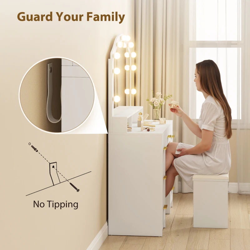 Makeup Vanity with Mirror and 10 LED Lights, 3 Colour Adjustable, Dressing Table with 7 Drawers, 3 Compartments, White