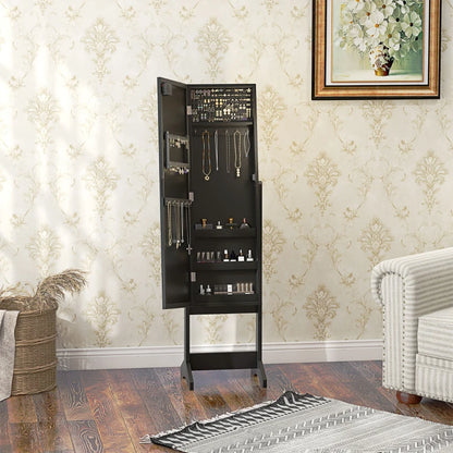 Free Standing Armoire Organizer, Lighted Mirrored Jewelry Cabinet w/ Angle Adjustable & 16 LED Lights Black