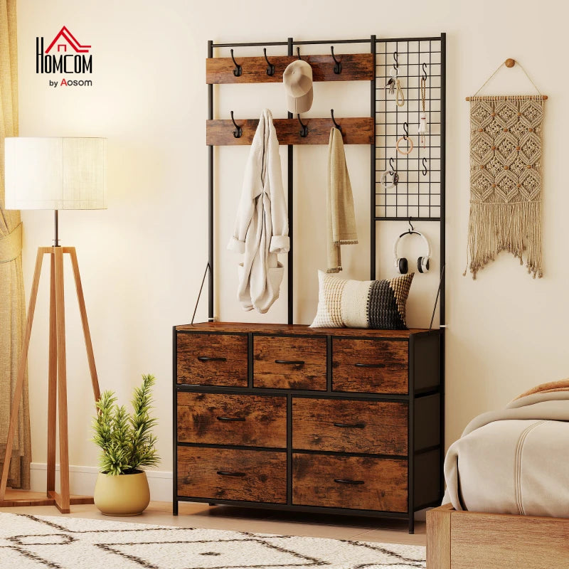 4-In-1 Coat Rack with 7 Drawer Fabric Dresser, Hall Tree with 14 Hooks for Hallway, Entryway, Bedroom, Rustic Brown