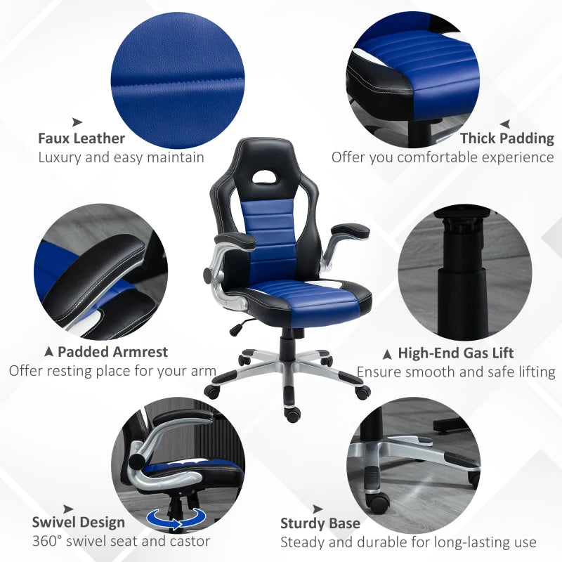 Racing Gaming Chair PU Leather Office Chair Executive Computer Desk Chair with Adjustable Height, Flip Up Armrest, Swivel Wheels, Blue