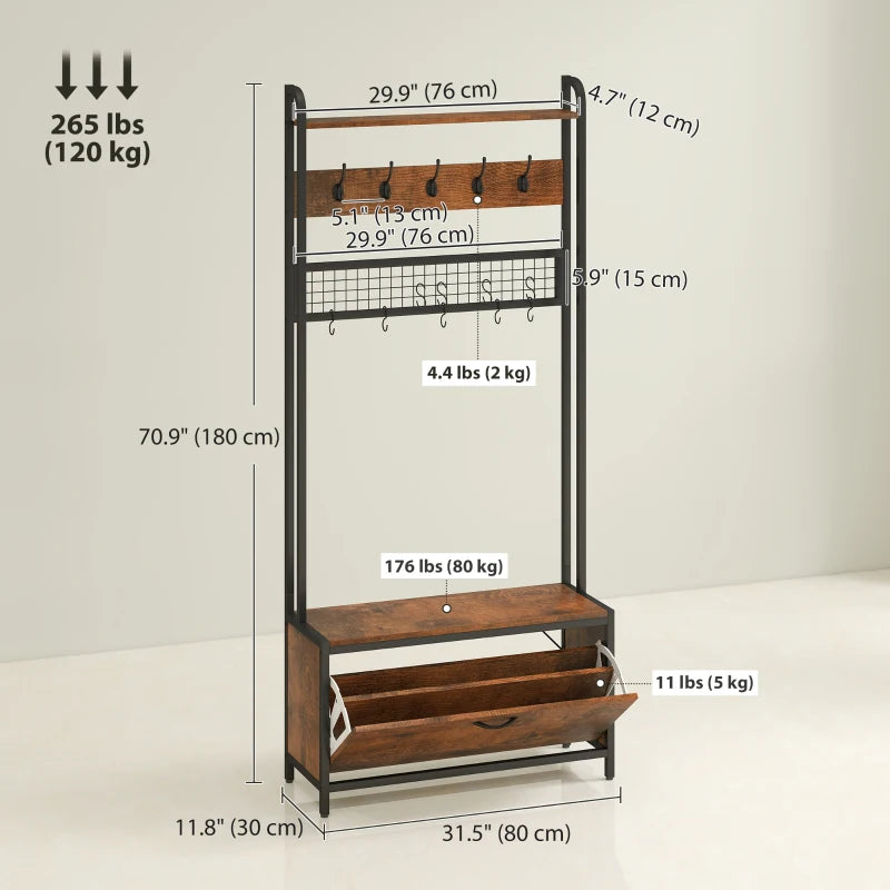 5-In-1 Coat Rack Shoe Bench, Hall Tree with Bench, Shoe Cabinet, 10 Hooks for Hallway, Mud Room, Rustic Brown