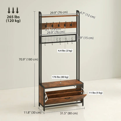 5-In-1 Coat Rack Shoe Bench, Hall Tree with Bench, Shoe Cabinet, 10 Hooks for Hallway, Mud Room, Rustic Brown