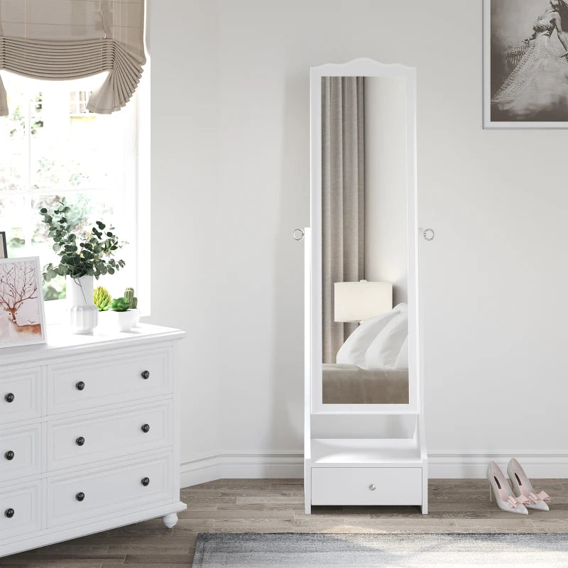 Standing Jewelry Cabinet Organizer Jewelry Armoire with LED Lights, Full Length Mirror, Adjustable Angle, White