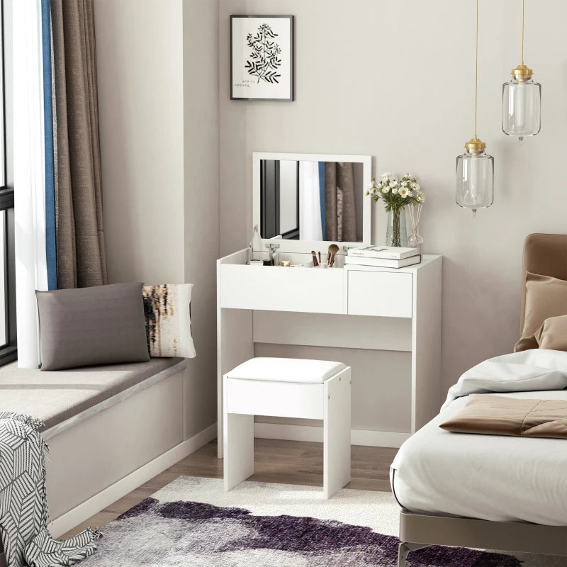 Modern Vanity Set with Flip Top Mirror and Cushioned Stool, Dressing Table with Storage Drawer for Bedroom, White