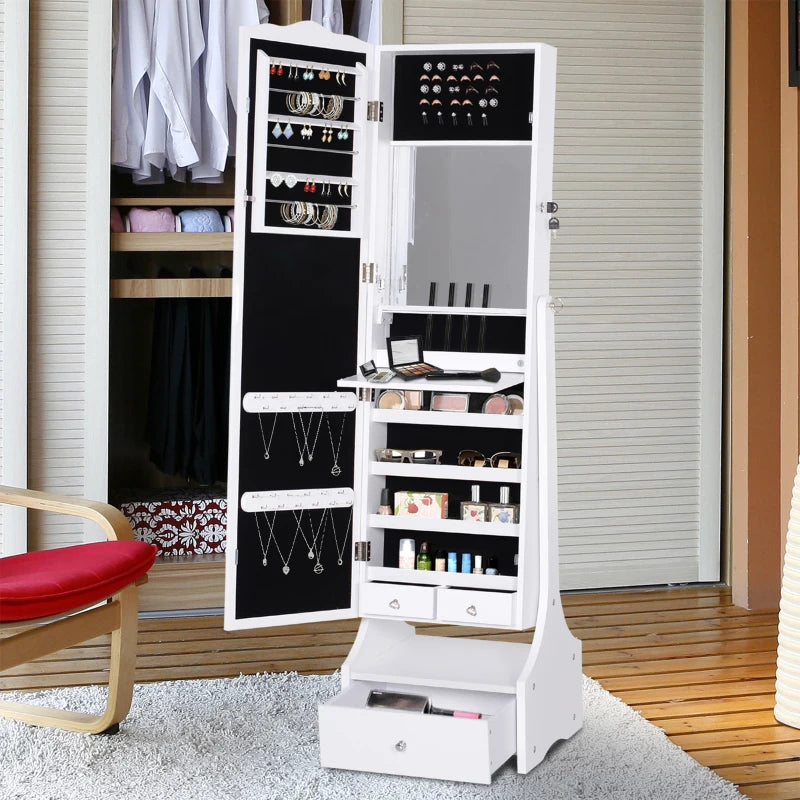 Standing Jewelry Cabinet Organizer Jewelry Armoire with LED Lights, Full Length Mirror, Adjustable Angle, White