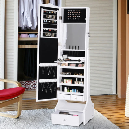 Standing Jewelry Cabinet Organizer Jewelry Armoire with LED Lights, Full Length Mirror, Adjustable Angle, White