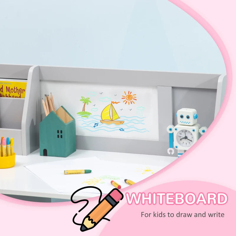 Qaba 2Pcs Kids Desk and Chair Set with Whiteboard, Storage, Shelves, Grey