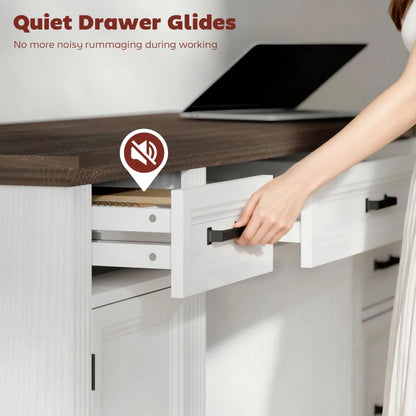 58" Home Office Desk with Soft-Close Drawers, Farmhouse Executive Desk with File Drawer for Letter Size, White