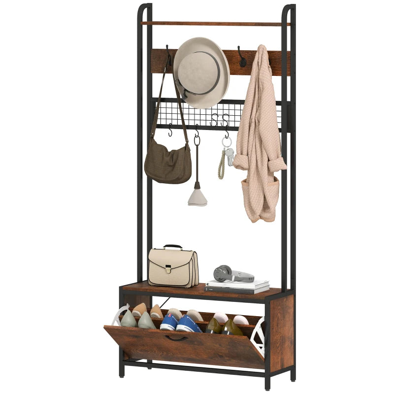 5-In-1 Coat Rack Shoe Bench, Hall Tree with Bench, Shoe Cabinet, 10 Hooks for Hallway, Mud Room, Rustic Brown