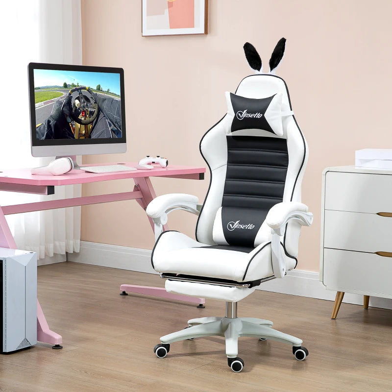 Cute Racing Gamer Chair, PU Leather Gaming Chair with Footrest, Headrest and Lumbar Support, Black