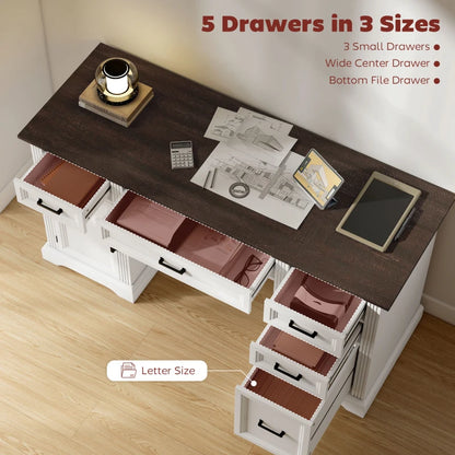 58" Home Office Desk with Soft-Close Drawers, Farmhouse Executive Desk with File Drawer for Letter Size, White