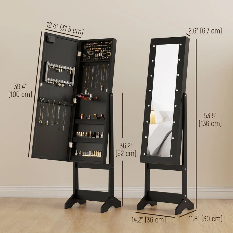 Free Standing Armoire Organizer, Lighted Mirrored Jewelry Cabinet w/ Angle Adjustable & 16 LED Lights Black